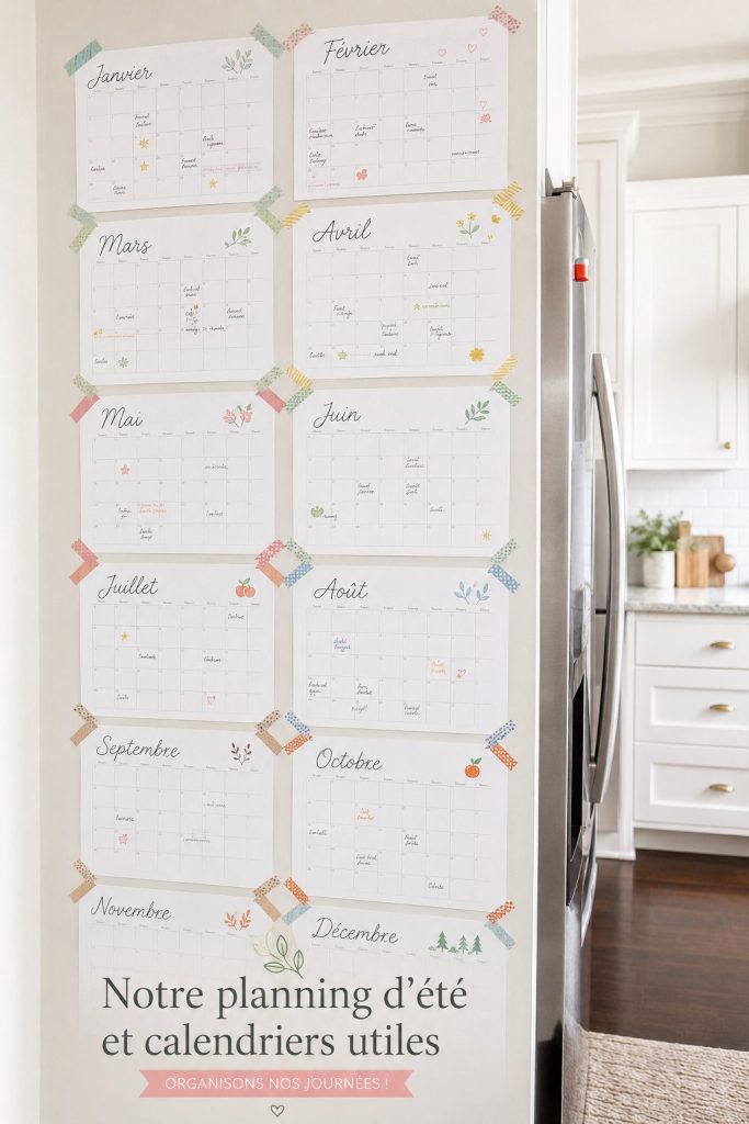 Un calendrier familial coloré et rempli d'activités estivales sur une table en bois.
