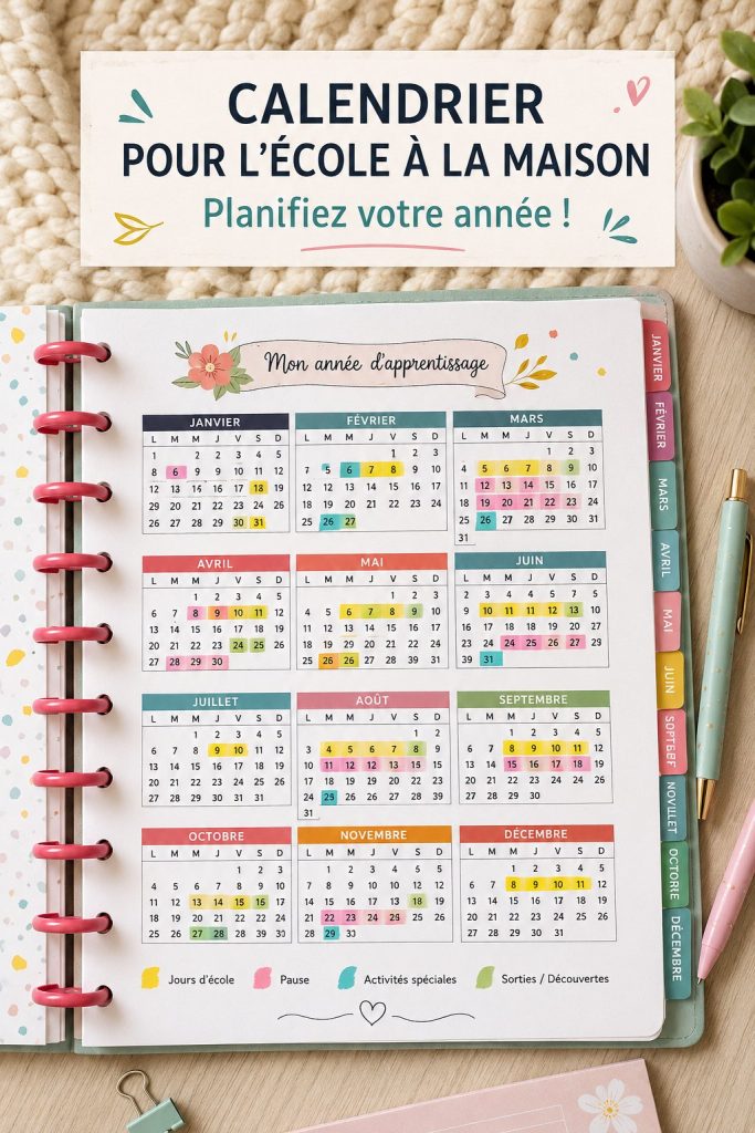 Calendrier scolaire coloré imprimé sur un bureau avec des fournitures scolaires