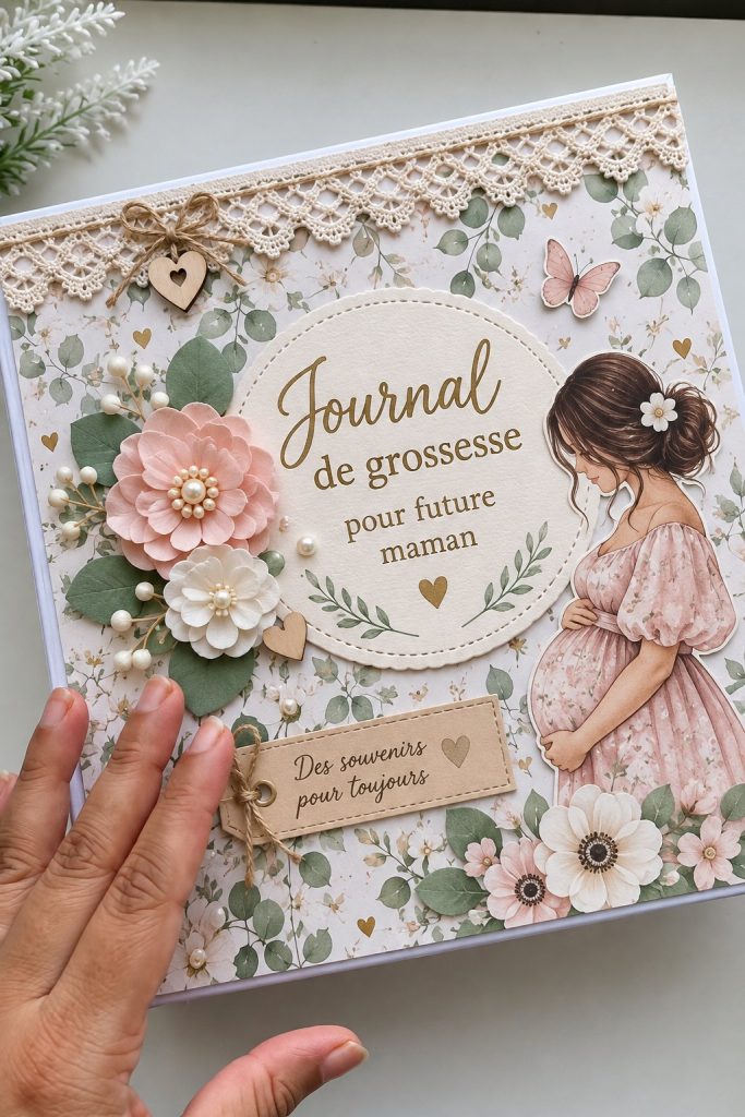 Un carnet de grossesse joliment décoré avec des photos et des notes d'une future maman.