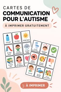 Un ensemble de cartes de communication illustrées pour enfants autistes, prêtes à être imprimées.