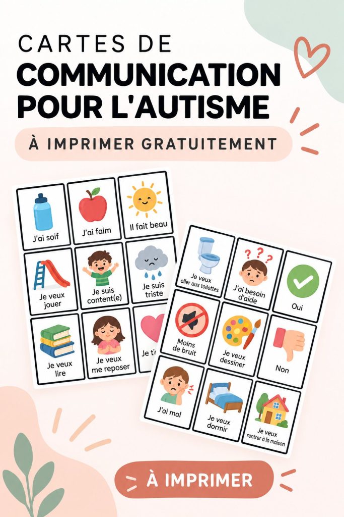 Un ensemble de cartes de communication illustrées pour enfants autistes, prêtes à être imprimées.