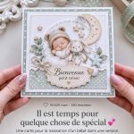 Une carte de naissance en pastels doux avec des motifs délicats et émouvants.