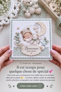 Une carte de naissance en pastels doux avec des motifs délicats et émouvants.