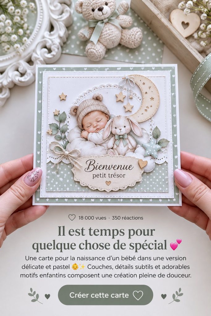 Une carte de naissance en pastels doux avec des motifs délicats et émouvants.