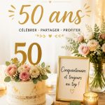 Une fête d'anniversaire sur le thème des 50 ans, avec des décorations colorées et des invités joyeux.