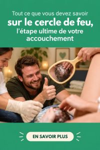 Une maman souriante entourée de flammes symboliques représentant le cercle de feu lors de son accouchement.