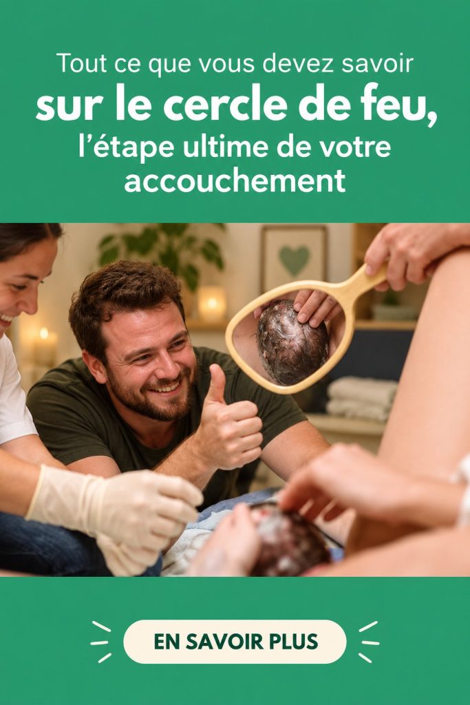 Une maman souriante entourée de flammes symboliques représentant le cercle de feu lors de son accouchement.