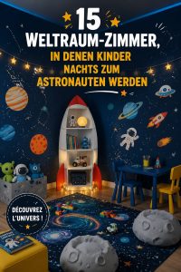 Une chambre d'enfant décorée sur le thème de l'espace avec des étoiles et des planètes.