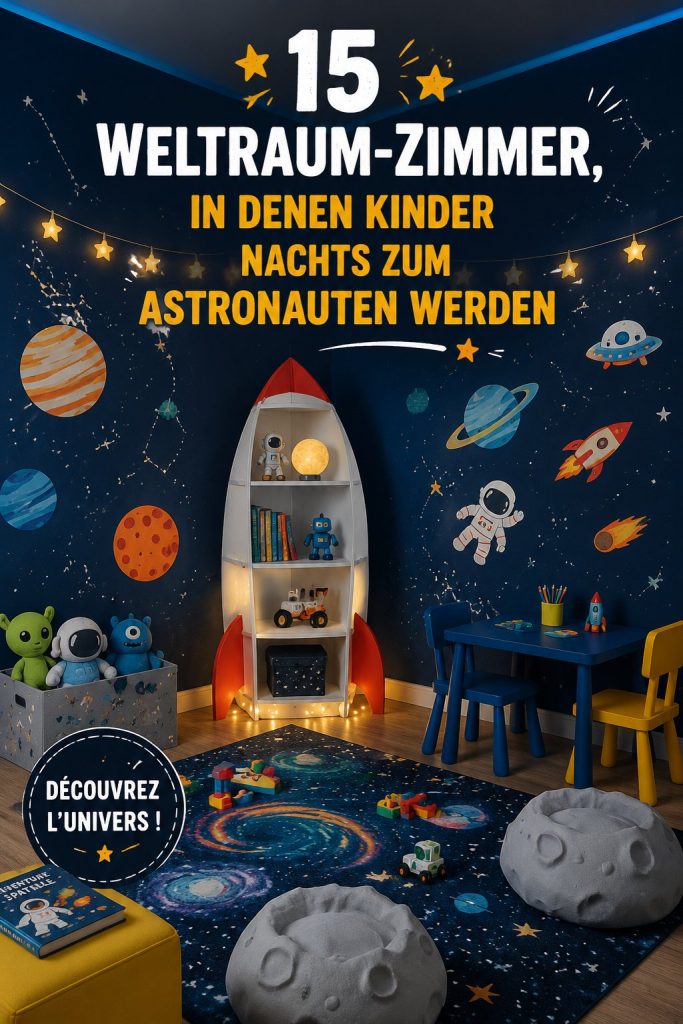 Une chambre d'enfant décorée sur le thème de l'espace avec des étoiles et des planètes.