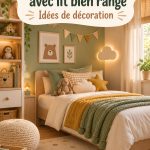 Chambre d'enfant décorée avec soin, lit bien fait, ambiance chaleureuse.