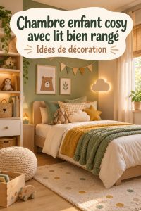 Chambre d'enfant décorée avec soin, lit bien fait, ambiance chaleureuse.