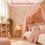 Chambre d'enfant douce avec des murs roses et une décoration chaleureuse.