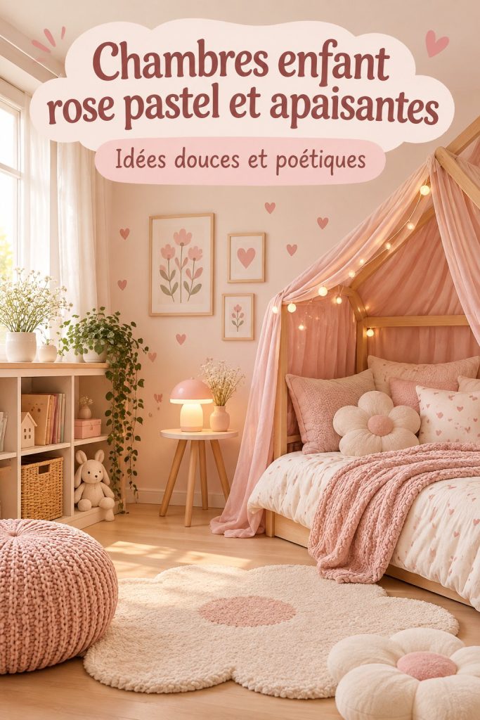 Chambre d'enfant douce avec des murs roses et une décoration chaleureuse.