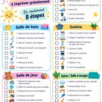 Image d'une checklist de nettoyage pour chambre d'enfant sur un bureau, avec des crayons colorés autour.