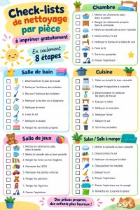 Image d'une checklist de nettoyage pour chambre d'enfant sur un bureau, avec des crayons colorés autour.