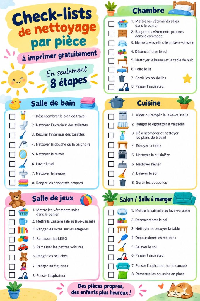 Image d'une checklist de nettoyage pour chambre d'enfant sur un bureau, avec des crayons colorés autour.