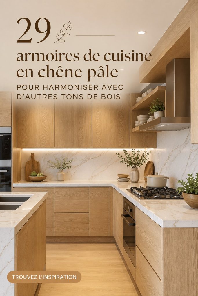 Cuisine moderne avec des meubles en chêne pâle mélangés à d'autres bois