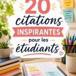 Un collage de citations motivantes pour étudiants sur un fond inspirant.