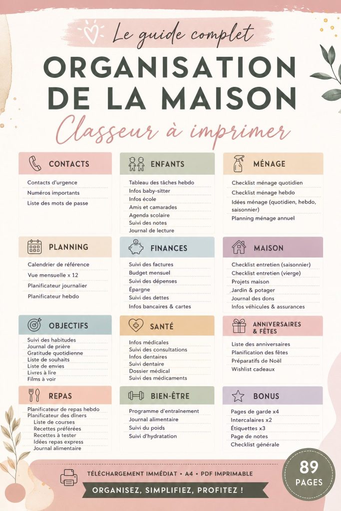 Classeur de gestion familiale ouvert sur une table avec des notes colorées.