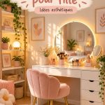 Espace de maquillage lumineux avec accessoires décoratifs et cosy.
