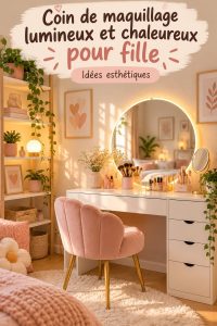 Espace de maquillage lumineux avec accessoires décoratifs et cosy.