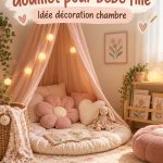 Coin lecture cosy aménagé dans une chambre de bébé fille avec des coussins et des livres.