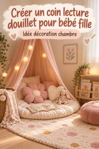 Coin lecture cosy aménagé dans une chambre de bébé fille avec des coussins et des livres.