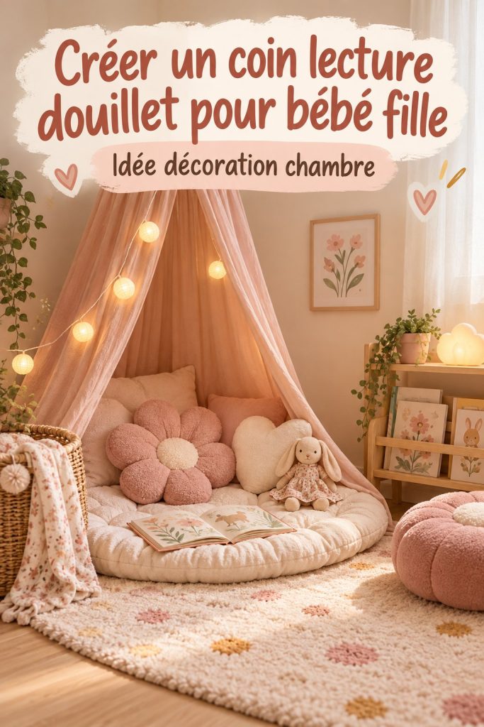 Coin lecture cosy aménagé dans une chambre de bébé fille avec des coussins et des livres.