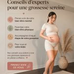 Femme enceinte sereine entourée de conseils de santé