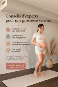 Femme enceinte sereine entourée de conseils de santé