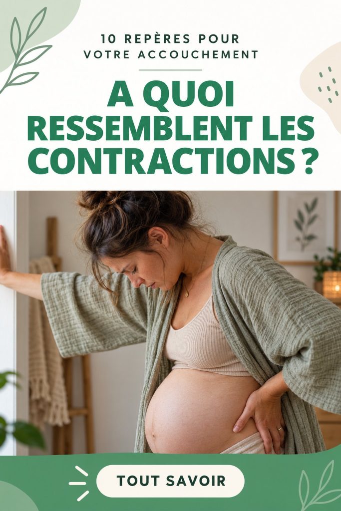Femme enceinte examinant son ventre, illustrant les contractions pendant la grossesse.