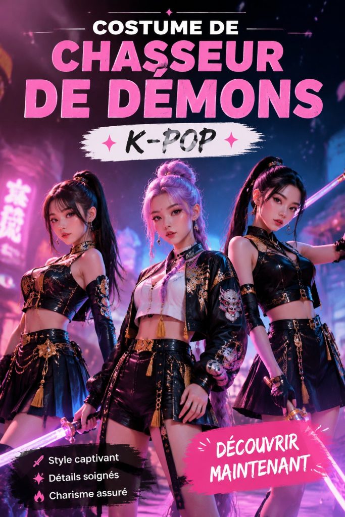 Costume de chasseur de démons K-pop réalisé pour un enfant, coloré et stylé.