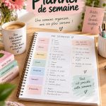 Un planner de semaine ouvert sur un bureau avec des fournitures scolaires.
