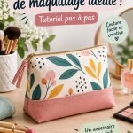 Trousse de maquillage faite main en tissu coloré, sur une table, avec des produits de beauté autour.