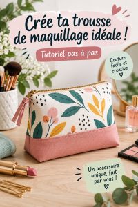 Trousse de maquillage faite main en tissu coloré, sur une table, avec des produits de beauté autour.