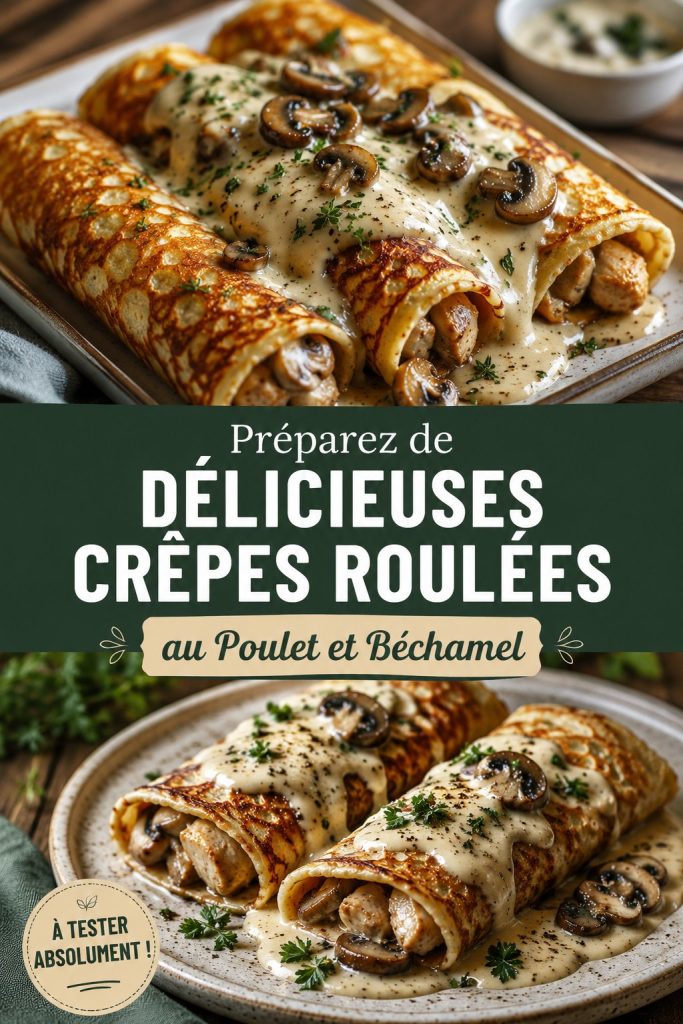 Crêpes roulées au poulet et béchamel prêtes à être servies.