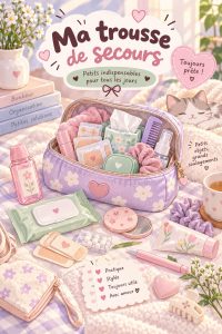 Un kit d'urgence pastel avec des objets kawaii, parfait pour les mamans actives.