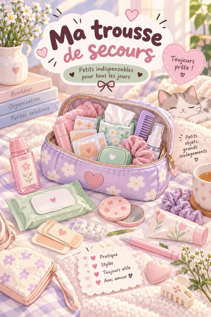 Un kit d'urgence pastel avec des objets kawaii, parfait pour les mamans actives.