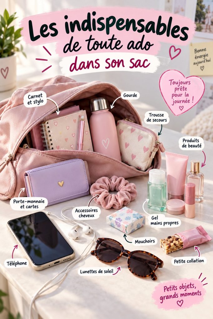 Sac d'adolescente ouvert avec des objets essentiels à l'intérieur.