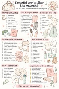 Un sac rempli d'essentiels pour le séjour à la maternité sur un fond lumineux.