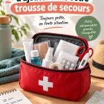 Trousse de secours ouverte avec des essentiels comme des bandages et antiseptiques.