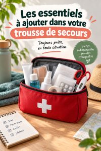 Trousse de secours ouverte avec des essentiels comme des bandages et antiseptiques.