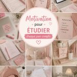 Un espace d'étude décoré en rose avec des fournitures et accessoires motivants.