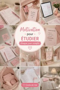 Un espace d'étude décoré en rose avec des fournitures et accessoires motivants.