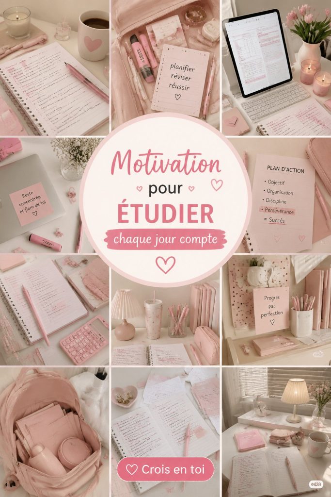 Un espace d'étude décoré en rose avec des fournitures et accessoires motivants.