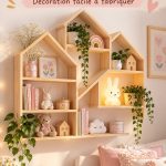 Étagère murale en bois dans une chambre d'enfant décorée avec des jouets et des livres.