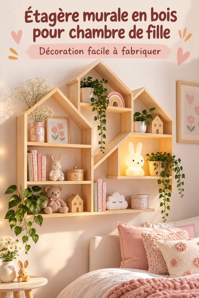 Étagère murale en bois dans une chambre d'enfant décorée avec des jouets et des livres.