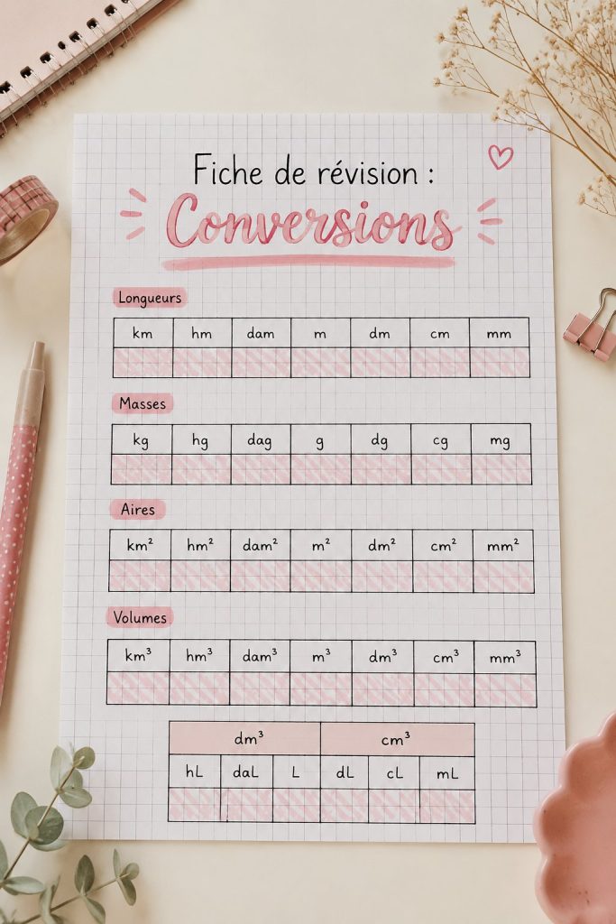 Exemple de fiche de révision sur les conversions, bien structurée et colorée.