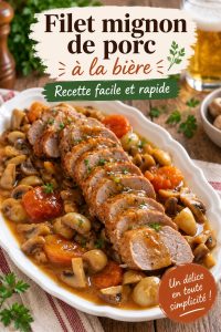 Un plat de filet de porc à la bière, prêt à être servi, avec une garniture colorée.