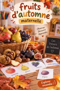 Un enfant découvrant des pommes et des poires d'automne dans un panier